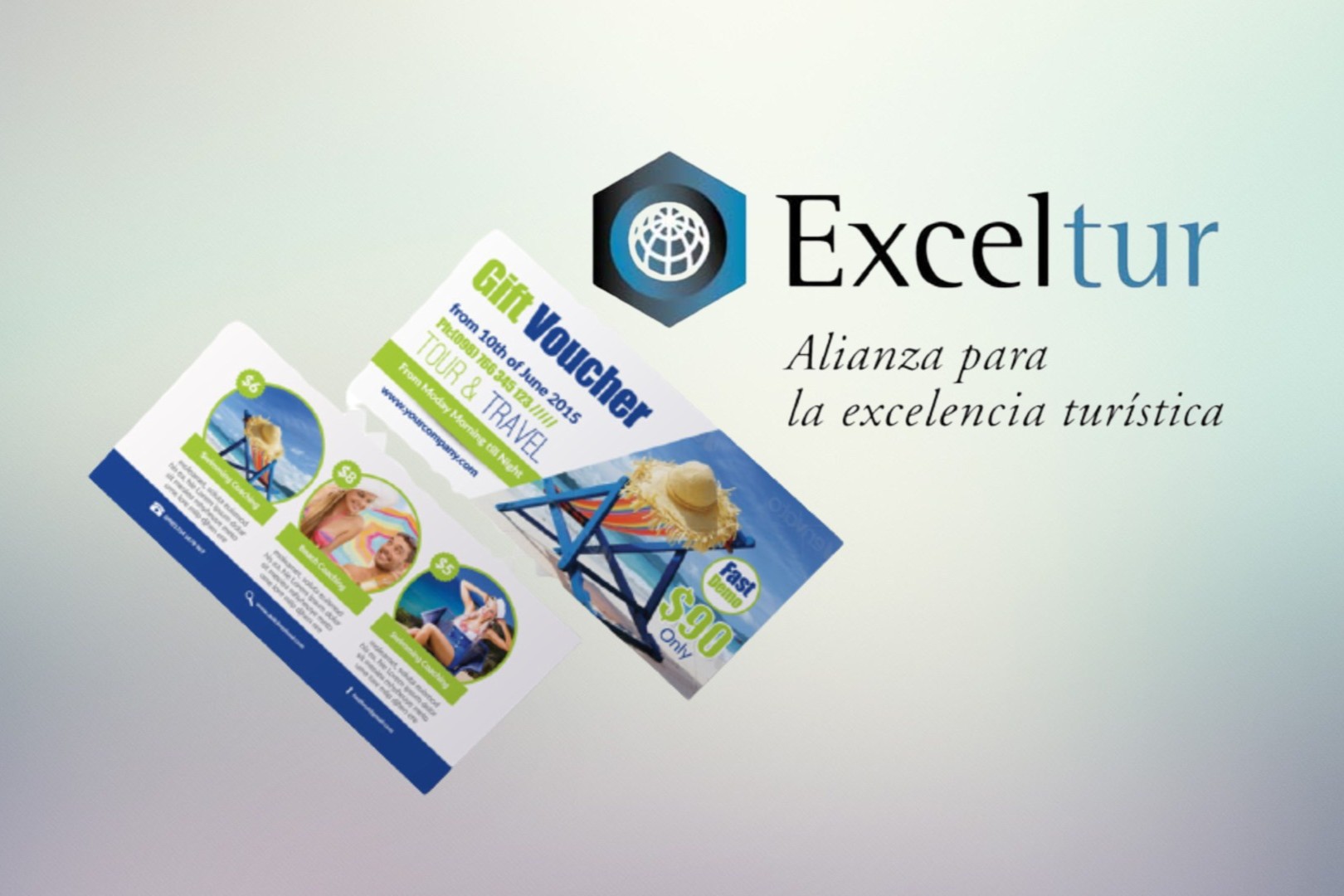 voucher de viaje y logo de Exceltur sobre fondo degradado