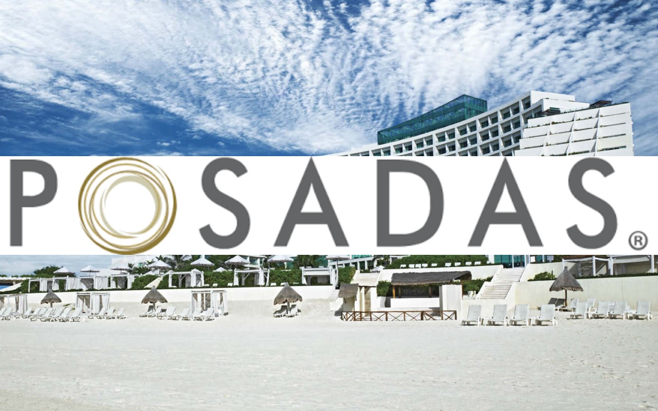 logo del Grupo Posadas sobre fondo de uno de sus hoteles