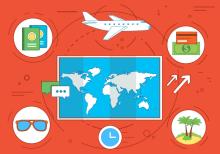 mapa con varios íconos de viaje, fondo rojo