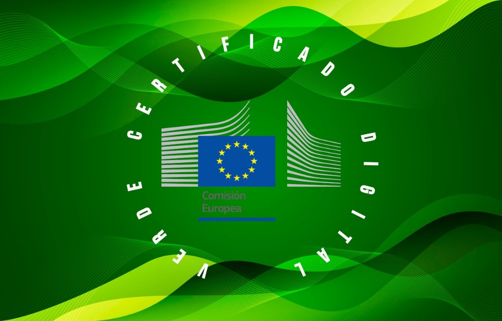 fondo verde con sello de la Comisión Europea y Certificado Digital Verde en forma de círculo