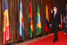 el Rey Felipe VI sobre alfombra roja ante banderas iberoamericanas