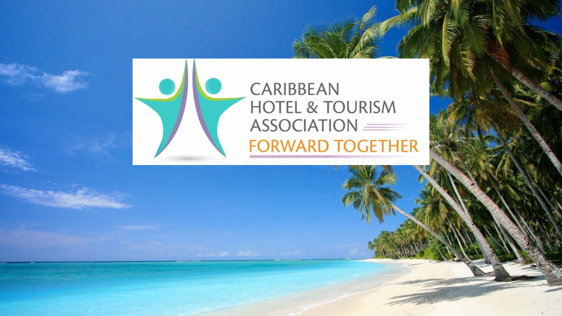 playa del Caribe y el logo de Forward Together encima, en fondo blanco